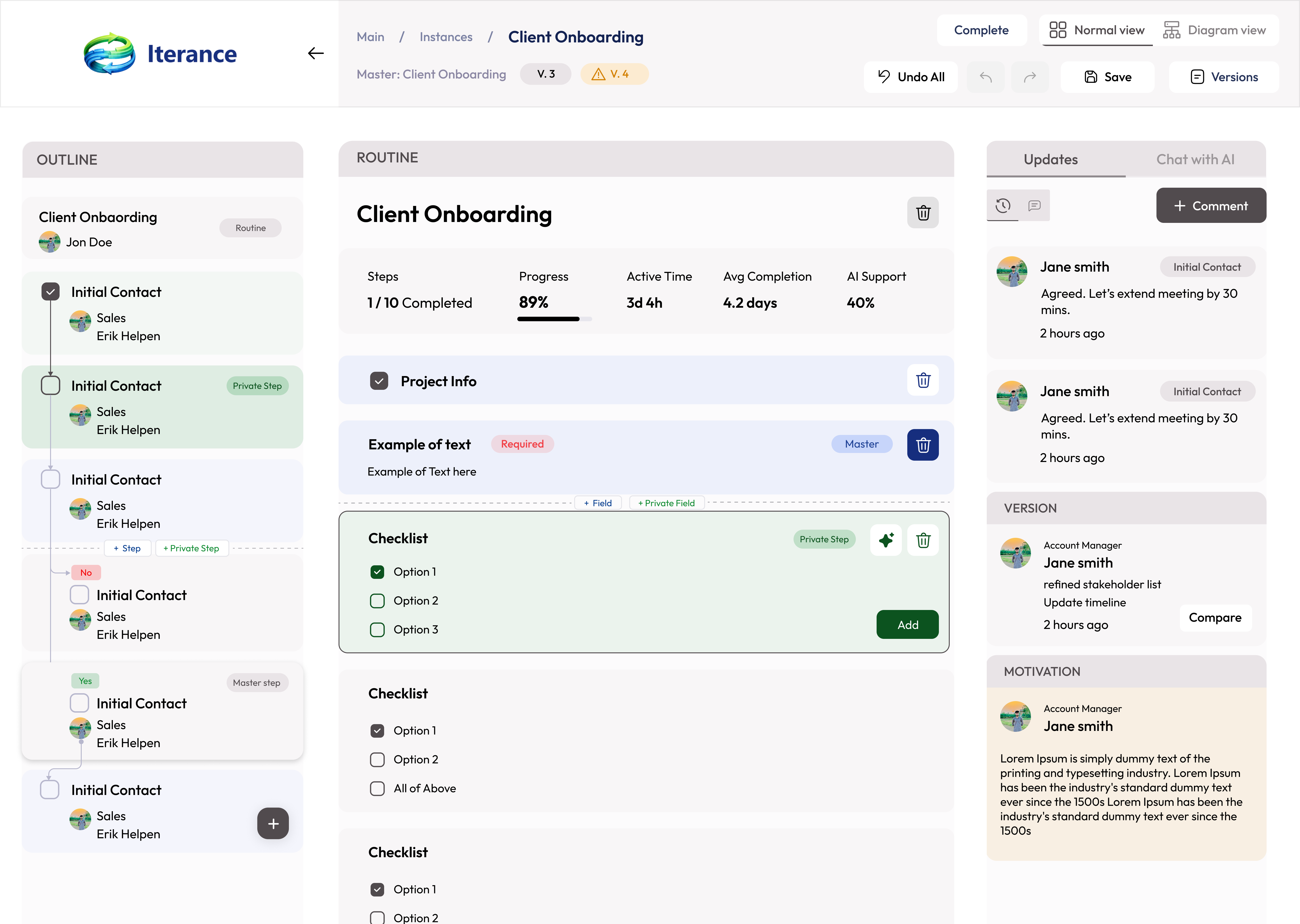 Routine view with steps, comments, and diff panel
